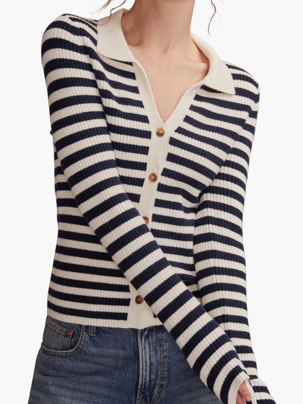 LUCKY BRAND Stripe Johnny Collar Navy and Cream Polo Cardigan Sweater